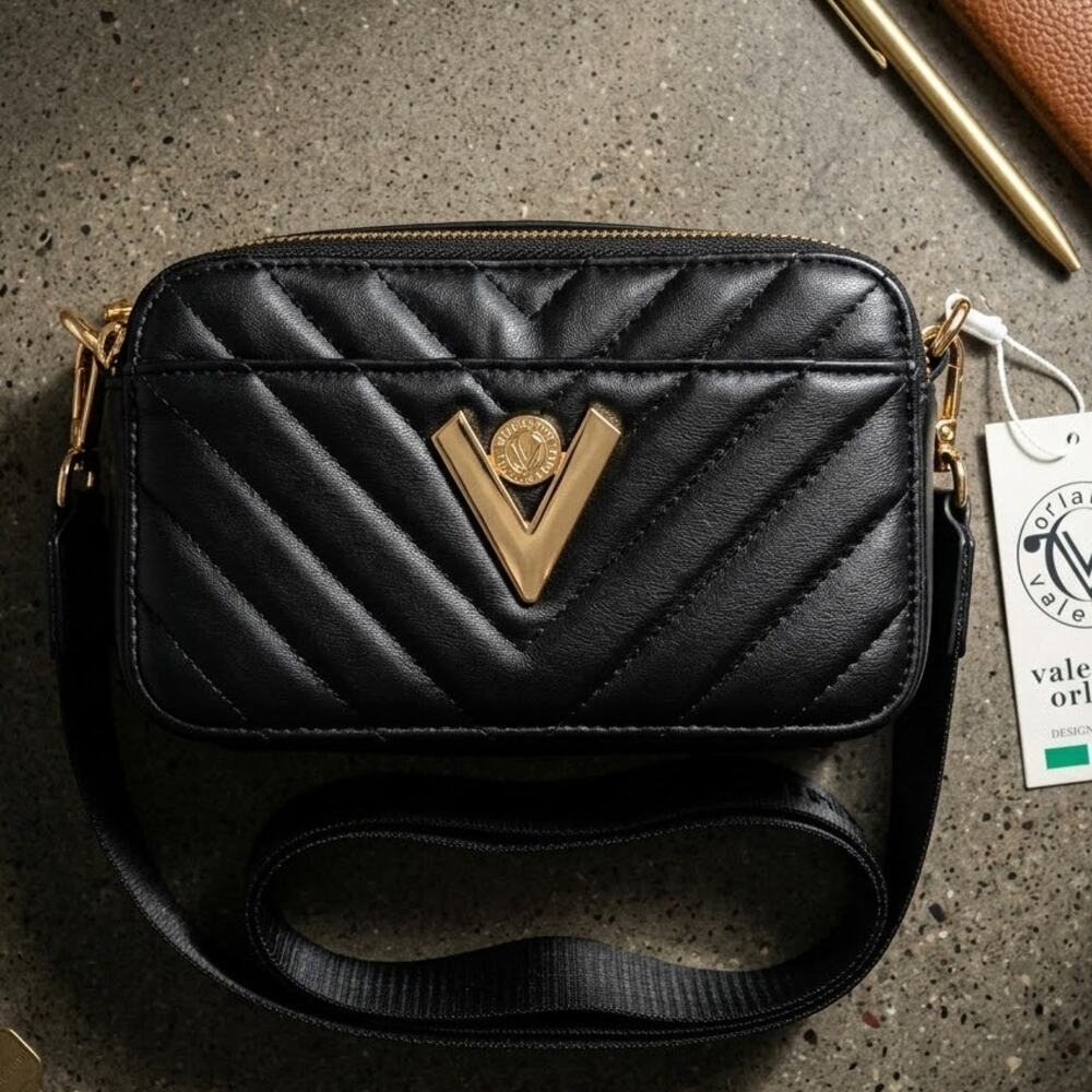 NWT Valentino Orlandi Black Quilted Leather Camera Bag Crossbody Dual Zip $260
